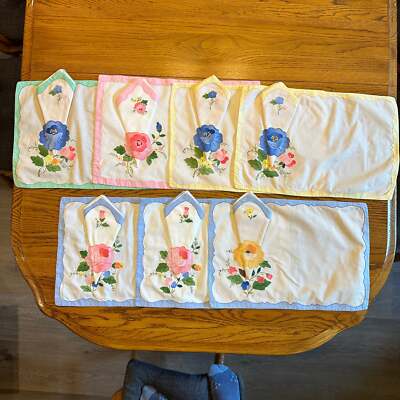 Applique and Embroidered Placemats & Matching Napkins, Floral Design, Set of 7