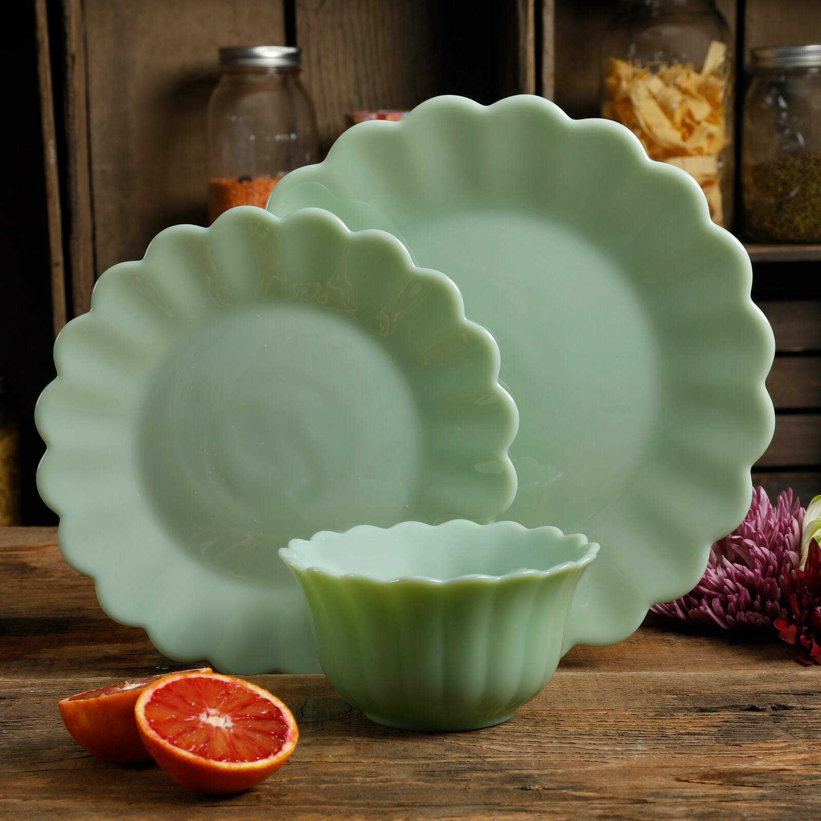 Pioneer Woman Milk Glass Timeless Beauty Green Jade Plates Bowl
