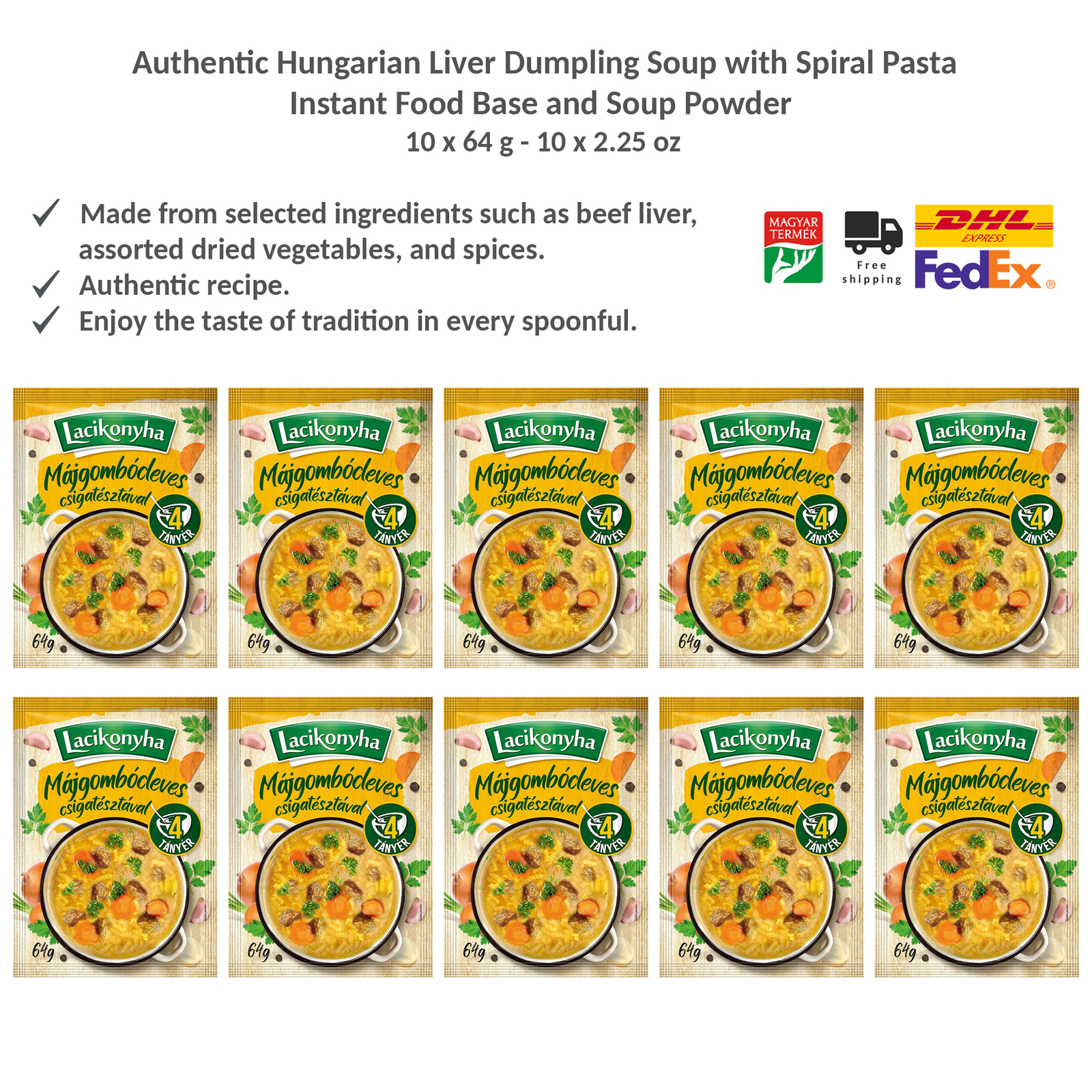 Lacikonyha Liver Dumpling Soup with Spiral Pasta Instant Soup Powder 64g x 10