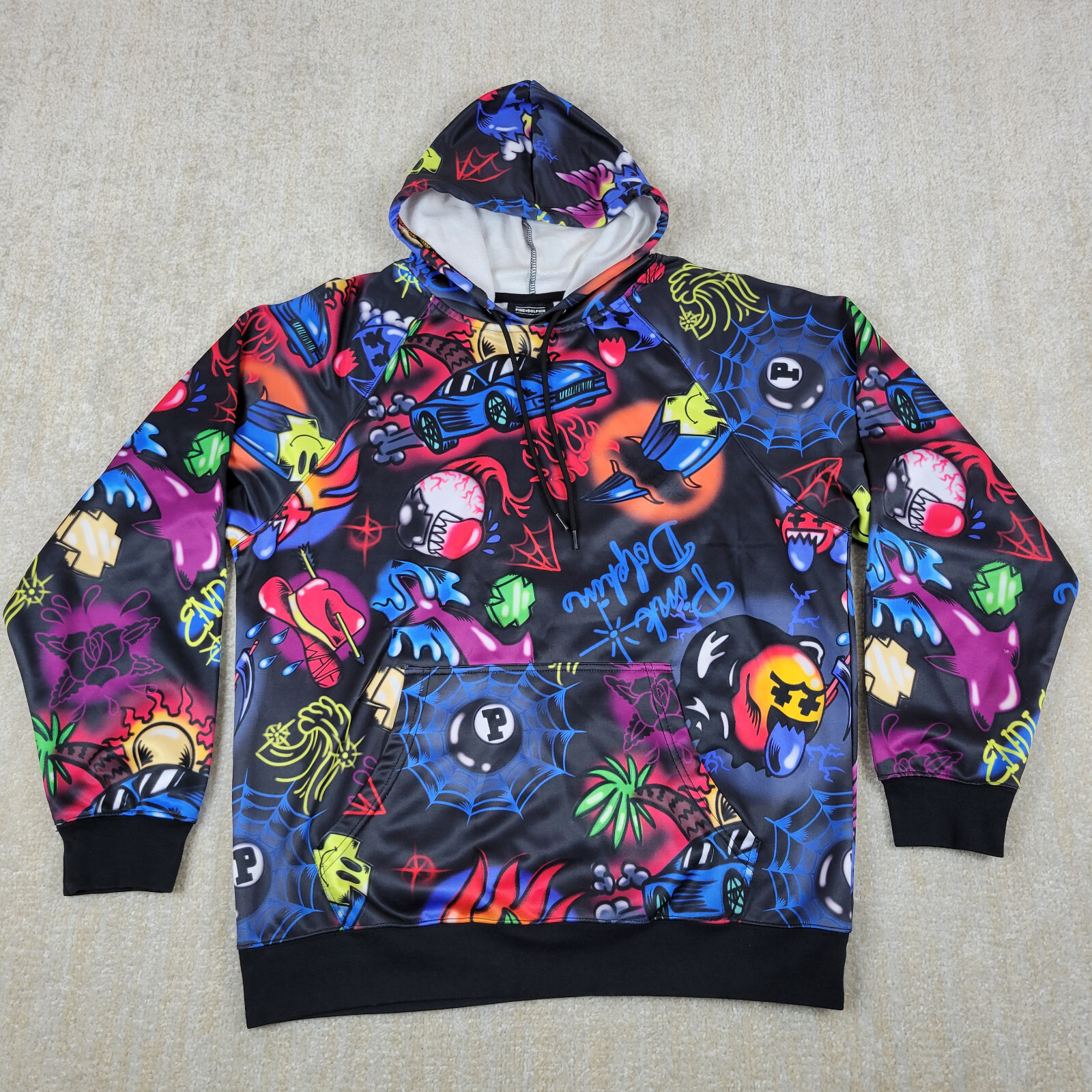 Pink Dolphin Hoodie Mens L Black Pullover Airbrush Hallucination All Over  Print | eBay