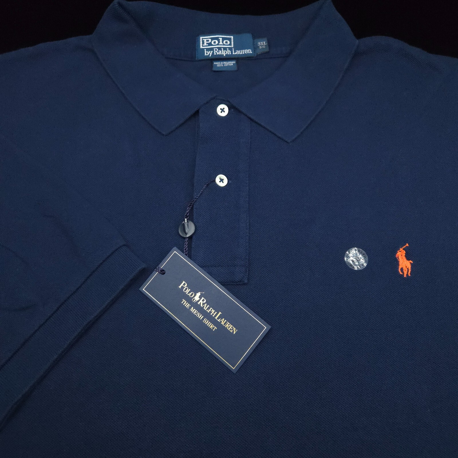POLO RALPH LAUREN SHIRT -3XB BIG 3XL- NAVY BLUE MESH PIQUE -ORANGE