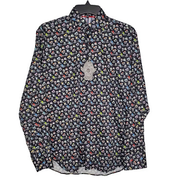 Luchiano Visconti Black Mens Black Multicolor Casual Shirt SZ S Skull Print