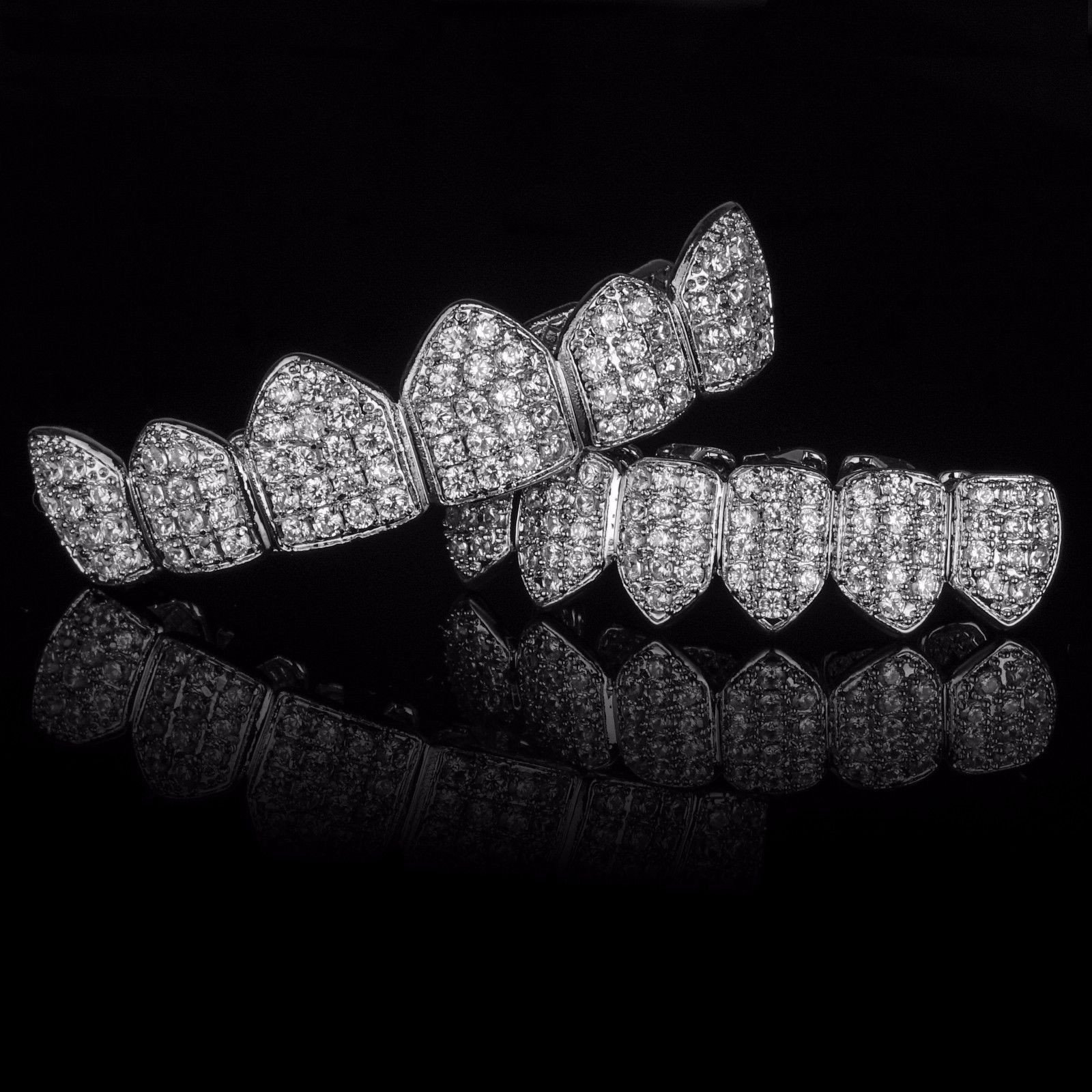 18K White Gold Plated Custom Slugs NB Top Bottom GRILLZ Teeth Mouth Grills Set