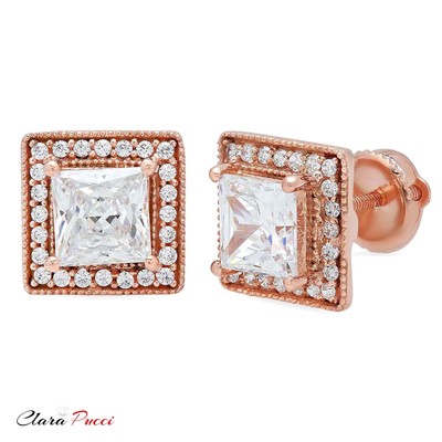 Pre-owned Pucci 2.2ct Princess Cut Halo Stud Solitaire Earrings Solid 14k Rose Gold Screw Back In D