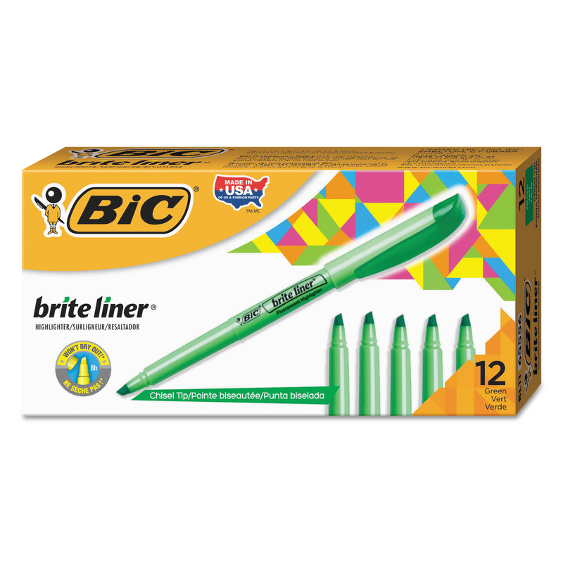 BIC Brite Liner Highlighter, Chisel Tip, Fluorescent Green, 