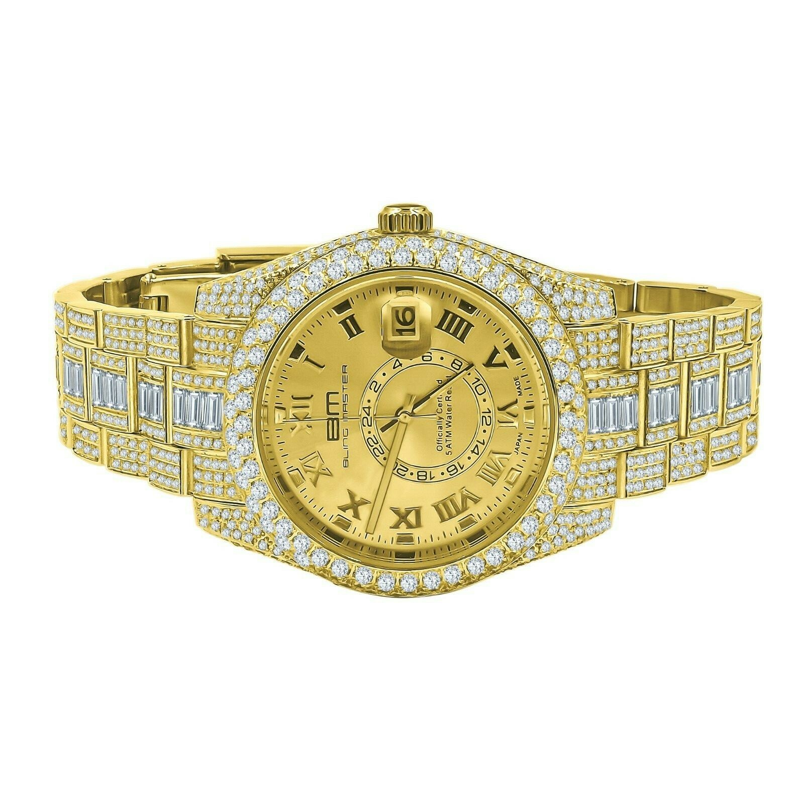 Pre-owned Bling Master - Knight Stainless Steel Men's 18k Yellow Gold Finish Simulated Diamond Watch W/date 42mm