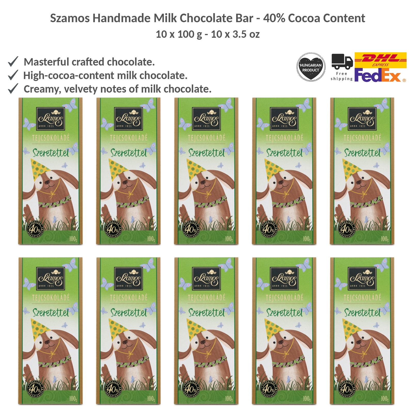Szamos Milk Chocolate Bar High Cocoa Content, Dog Pattern Gift Wrapping 100gx10