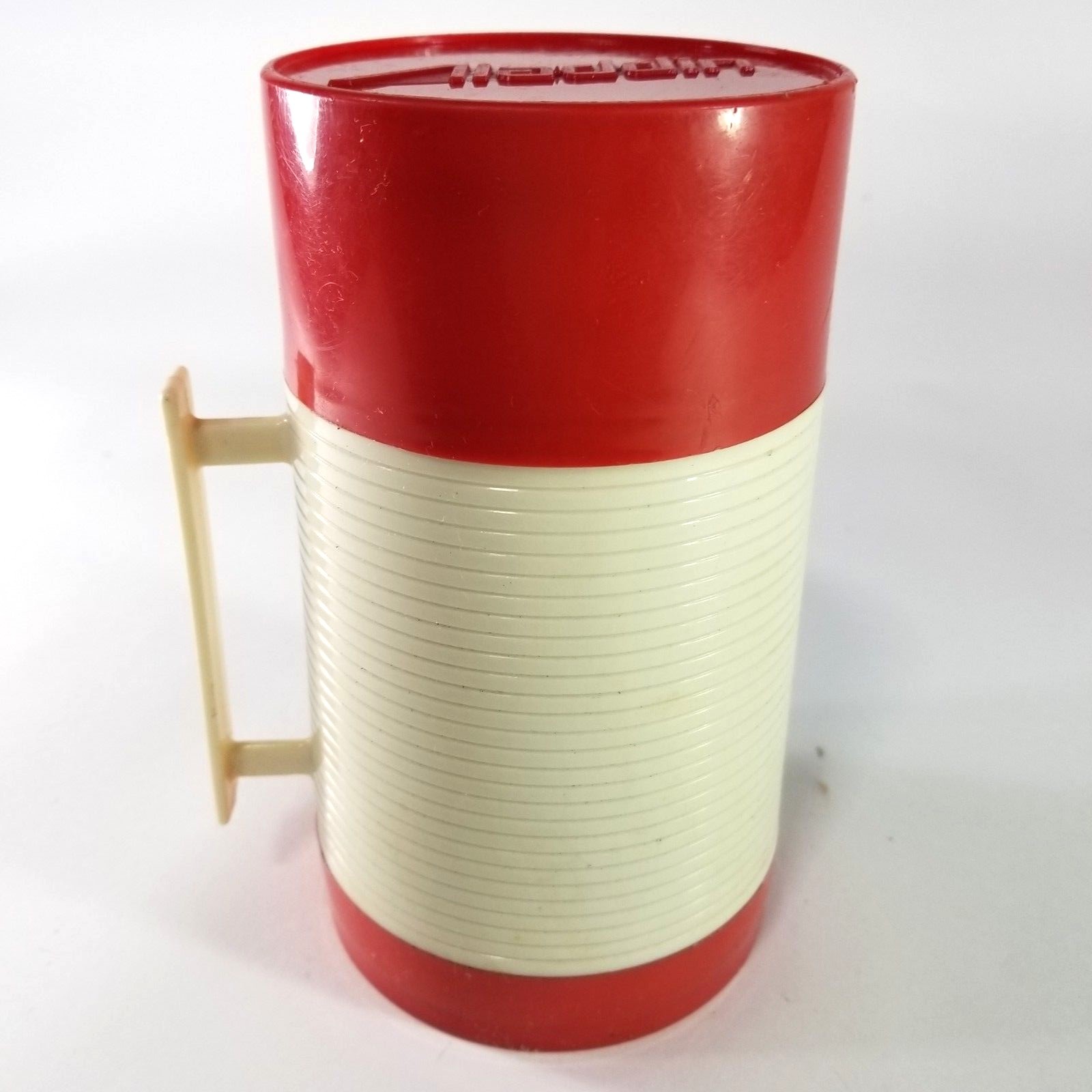 Vintage Aladdin Hy-Lo 16 Oz. Wide mouth Thermos Red Off White Tan - Made in USA