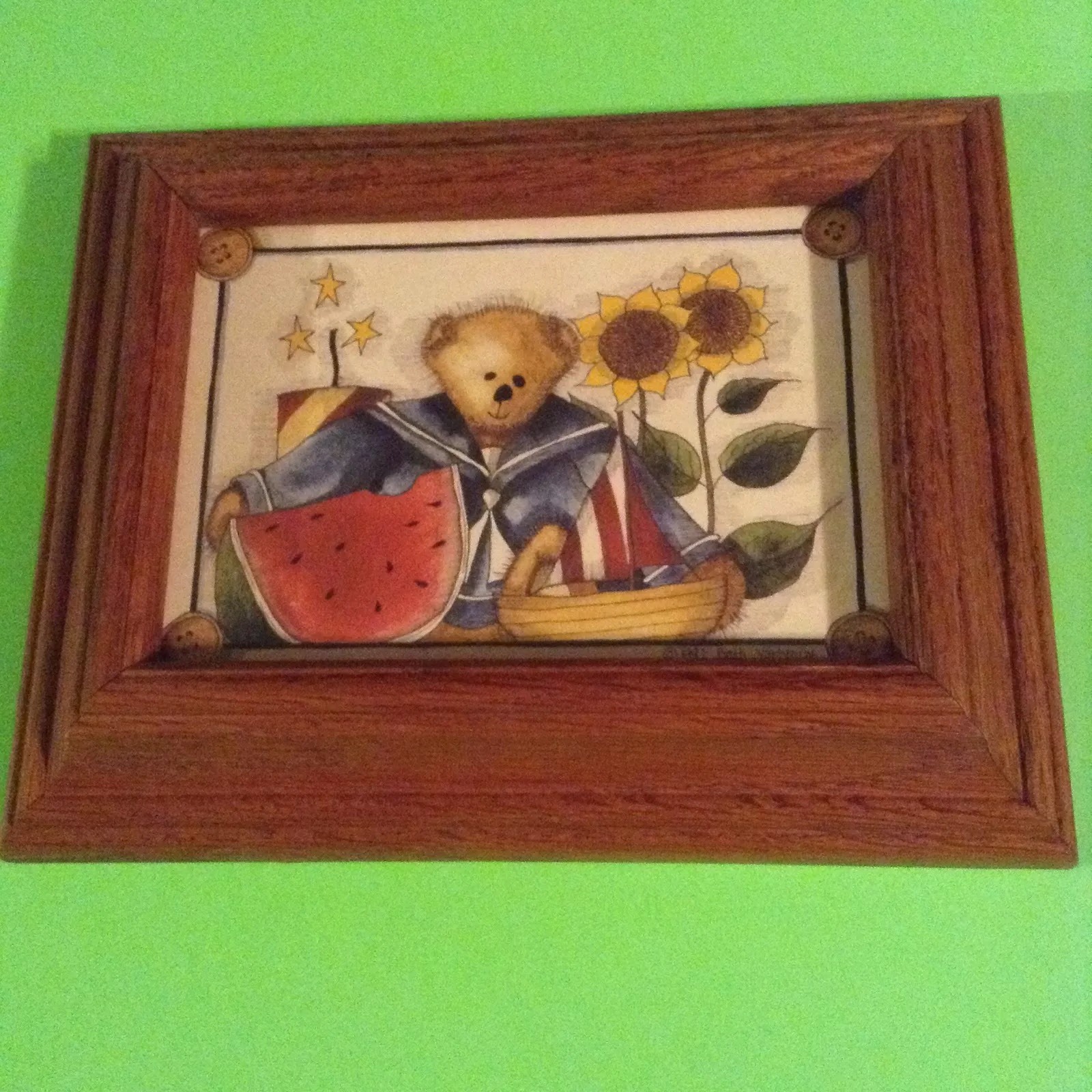 Beth Yarbrough 1997 Oak Framed Beautiful Artwork-Teddy Bear With Sailboat nice