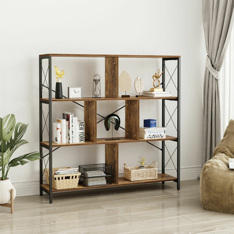 Industrial Bookshelf Bookcase Console Table with 7 Cube Storage Shelf Organizer