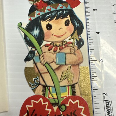 Vtg UNUSED Valentine s Day Card W/Env SS Boy MCM Native Bow Arrow Headdress