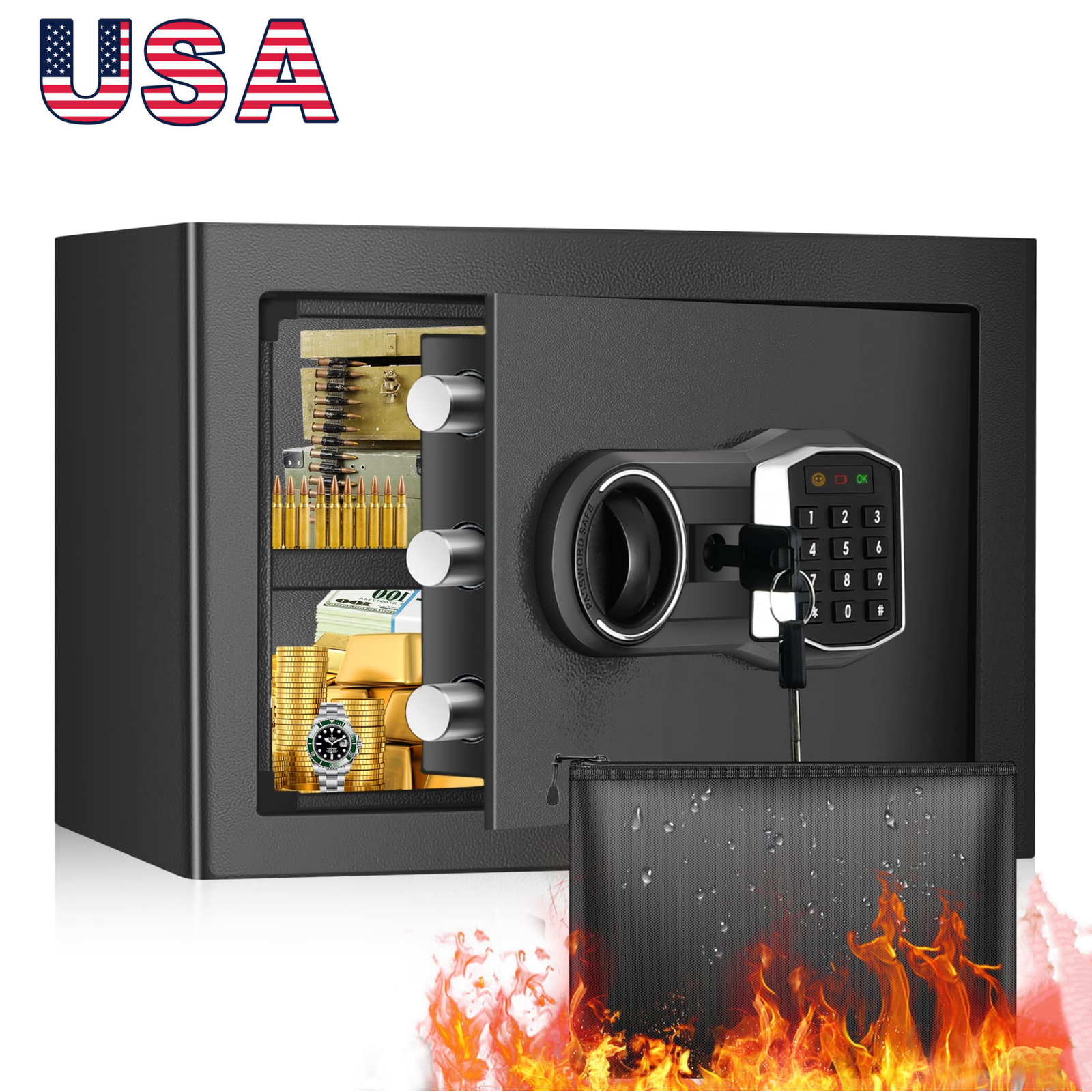 0.8 Cub Home Safe Fireproof Waterproof, Fireproof Safe Box with Fireproof Money
