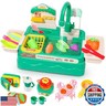 Play Kitchen Sink with Running Water, Toddler Sink Toy with Electric Faucet, Play Dishes for Kids Kitchen, Kids Kitchen Playset, Play Cooking Stove, Cookware Pot and Food for Boys and Girls, Green