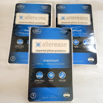3 PACK Allerease Maximum Allergy Zippered Pillow Protector Standard Queen White