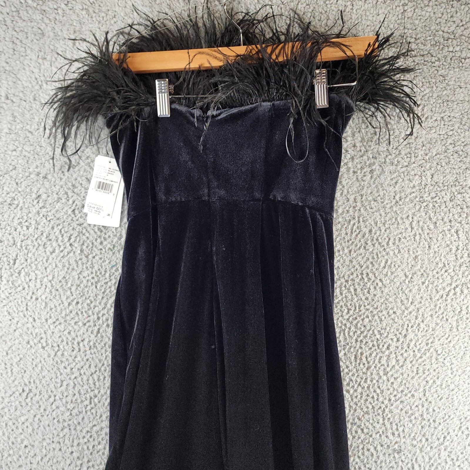 Liv Foster Stretch Velvet Jumpsuit Women's 0 Black Strapless Feather Trim Zipped - Picture 12 of 14