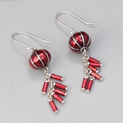 Real 925 Sterling Silver Women Enamel Red Lantern Tassel Dangle Earrings