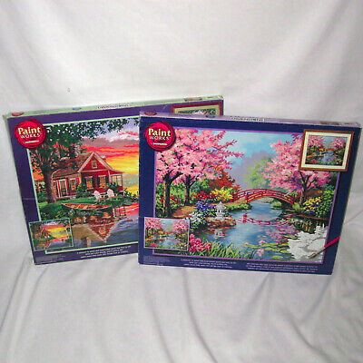 Lot of 2 Dimensions Paint Works By Number Japanese Garden Sunset Cabin Craft Kit