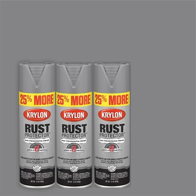 3 Krylon Rust Protector Rust Preventative Primer Spray Paint, Flat, Gray, 15 oz.