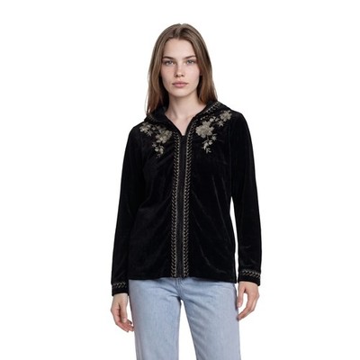 Andree BY Unit Black Velvet Floral Embroidered Hoodie Top Zip Women's Size Small