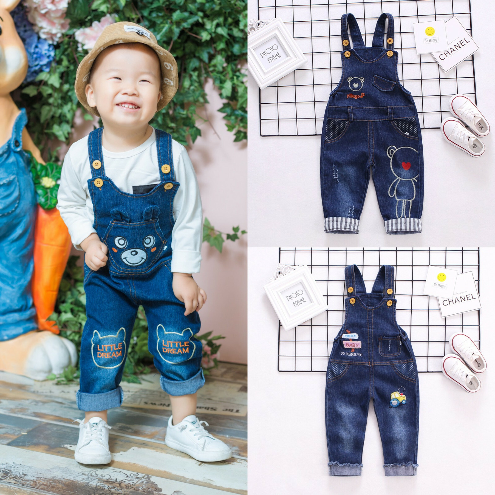 Baby Boys Overalls Denim Pants Cartoon Jeans Kids Girls Jumpsuit Cute Trousers