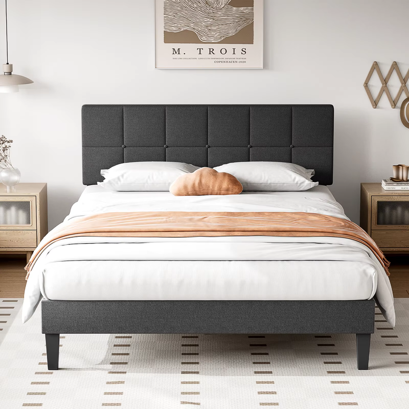 Bed Frame with Headboard, Upholstered Platform, Wood Slats, No Box Spring Needed