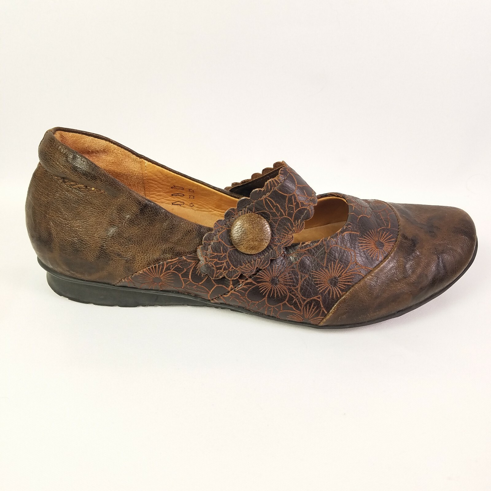 Think! Mary Janes Brown Leather Tooled 