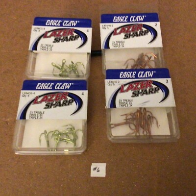 Lot of 4 N.O.S. Eagle Claw,Laser Sharp 3X Treble Hooks,2-L934KG-2,and 2-L934CG-4