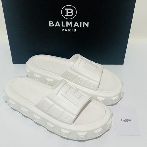 Pre-owned Balmain White Ari Men Rubber Slip On Slides Sandal Embossed Logo 43/ 10 Us