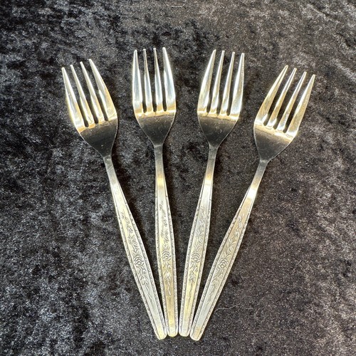 Vintage MCM Set 4 Interpur Japan Stainless Steel Salad Forks Single Rose Pattern