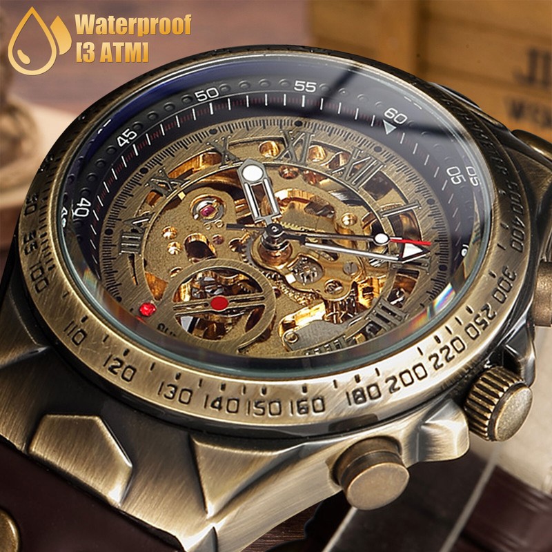 Luxury Men'S Automatic Mechanical Wrist Watch Leather Strap Retro Skeleton Dial