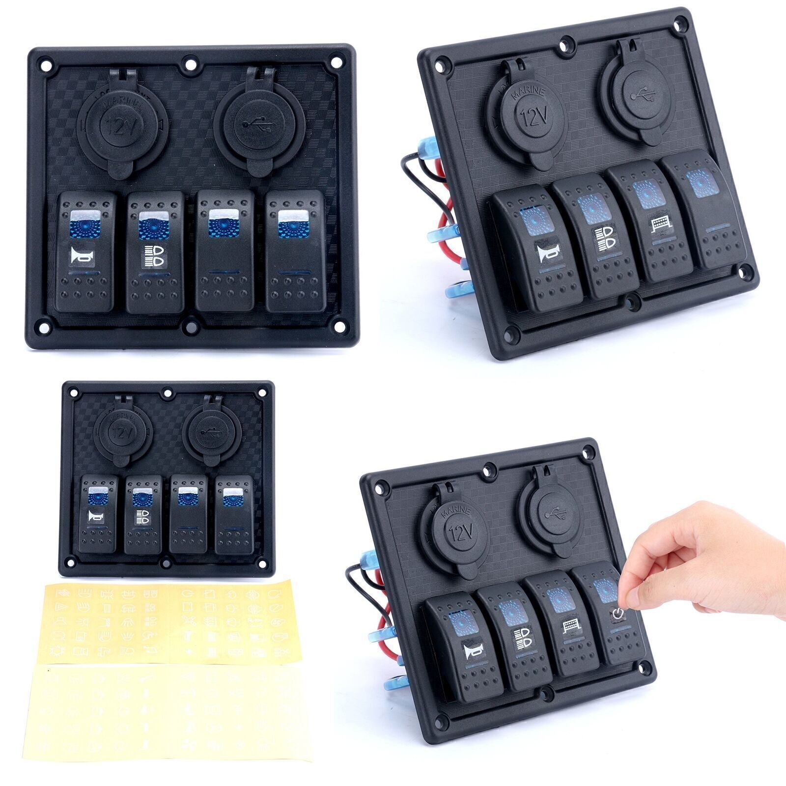 Blue Car Marine Boat 4-Gang Waterproof Circuit LED Rocker Switch Panel Breaker