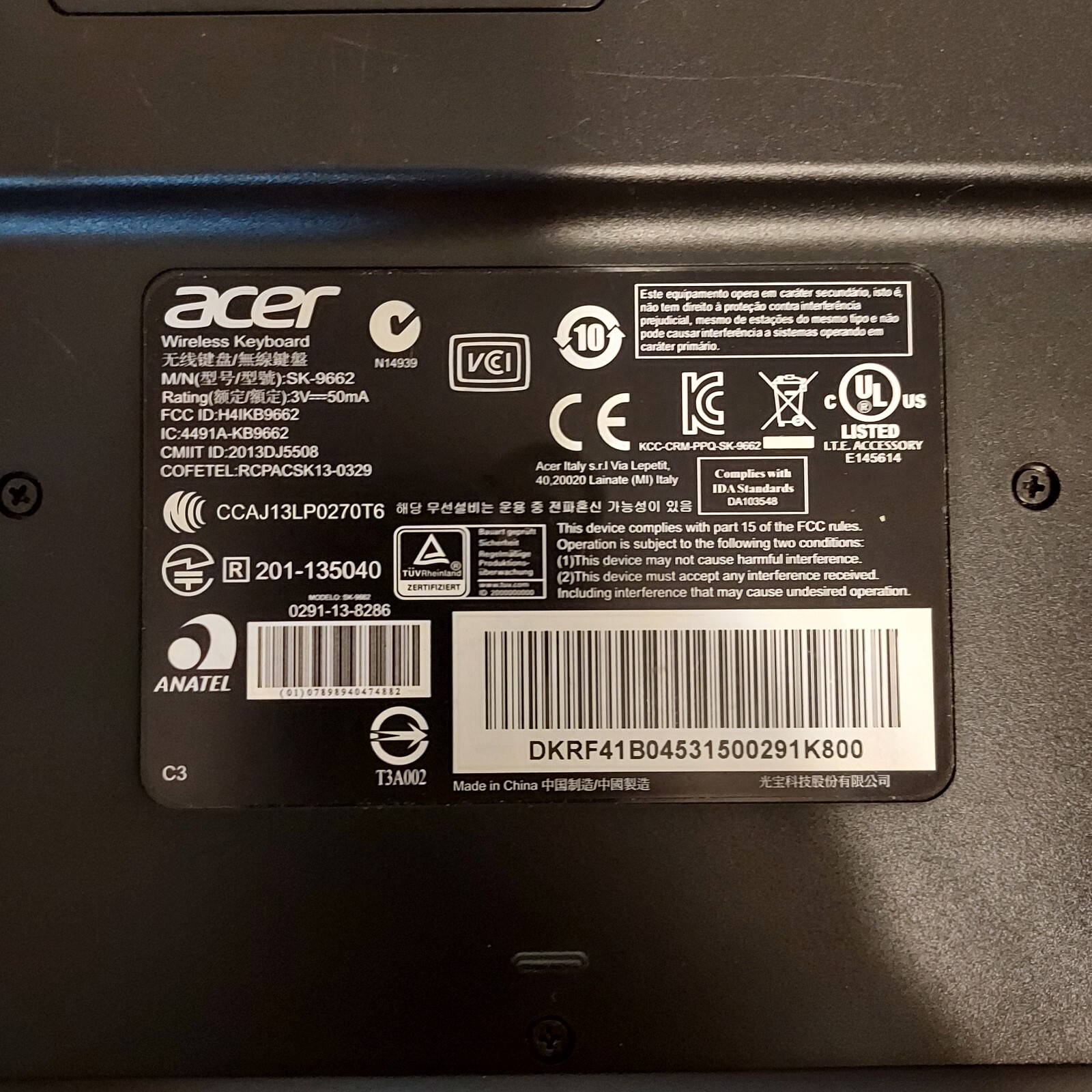 Acer Wireless Keyboard SK-9662 NO USB DONGLE RECEIVER