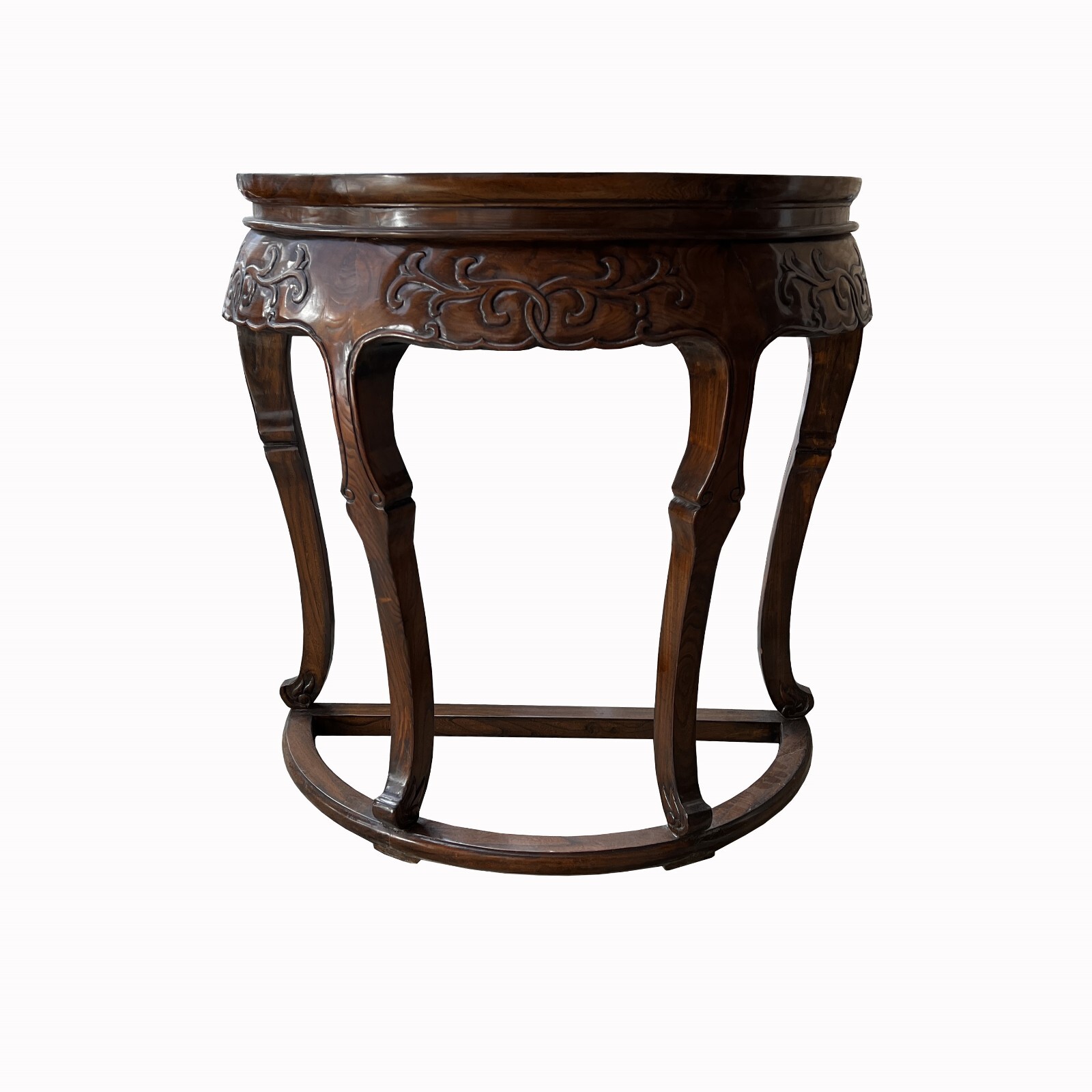 Vintage Chinese Brown Flower Carving Wood Half Round Pedestal Table cs7592S Vintage Chinese Brown Flower Carving Wood Half Round Pedestal Table cs7592S