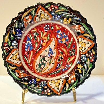 7'' IZNIK Turkish Ceramic Wall Plate Embossed Paint Raised Floral Pattern Pottery