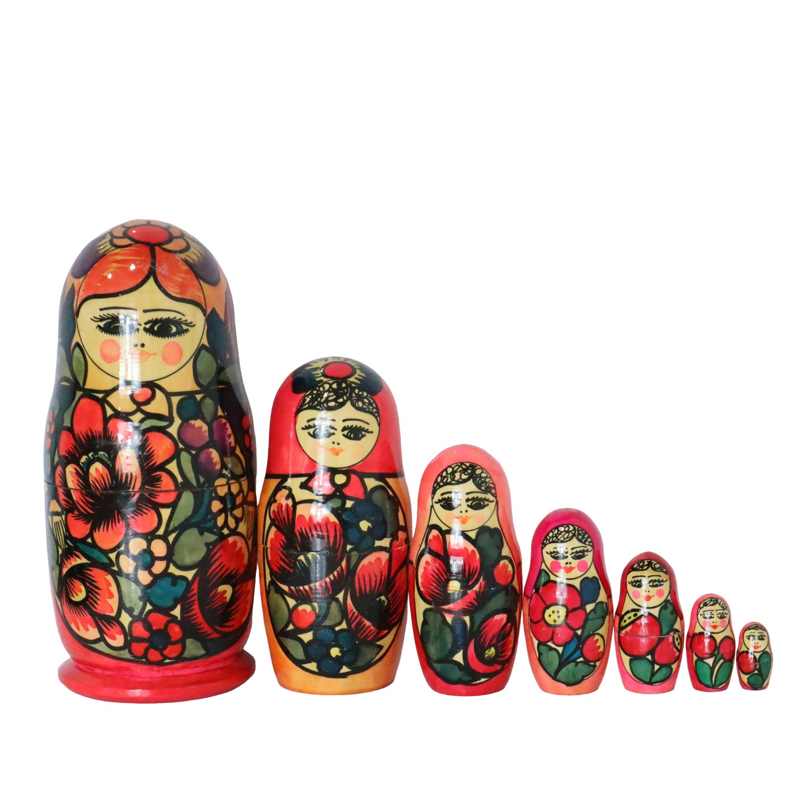 USSR Russian Matryoshka Nesting Dolls Hand Painted Floral Folk Art Wood Set of 7