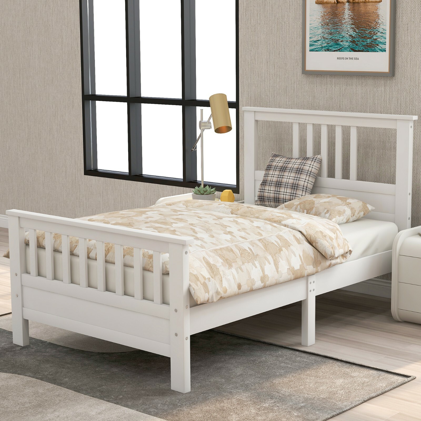 Wood Platform Bed With Headboard And Footboard Bed Frame Full/Twin Size