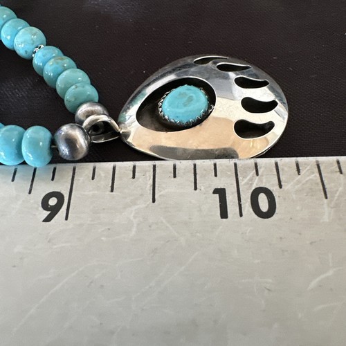 Pre-owned Handmade Mens Blue Turquoise Bearpaw Pendant Navajo Pearls Sterling Silver Necklace 17880