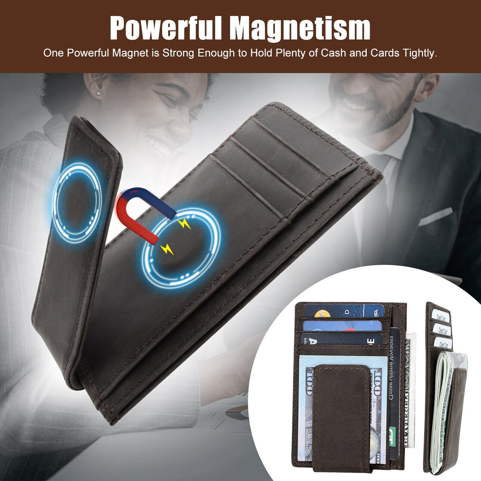 Men Leather Magnetic Front Pocket Wallet Money Clip Slim ID Credit Card Holder