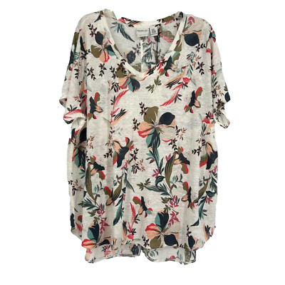 NEW Rachel Roe 100% Linen Floral Slub Knit Top Boho Ivory Pink Short Sleeve 2X