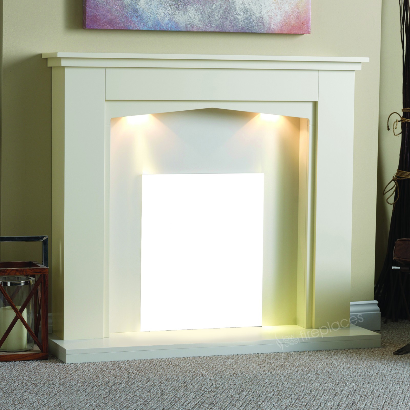ELECTRIC CREAM IVORY MODERN WALL FIRE SURROUND FIREPLACE SUITE LIGHTS