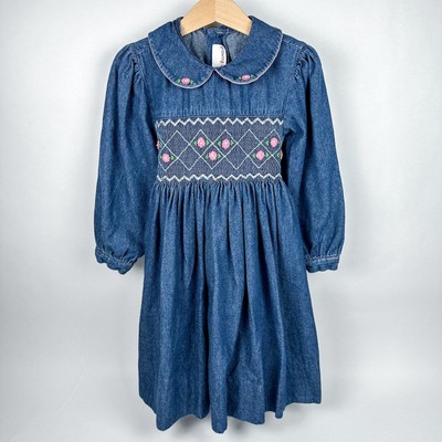 Vintage | Lord & Taylor Smocked Peter Pan Collar Denim Dress Floral Kids Size 5