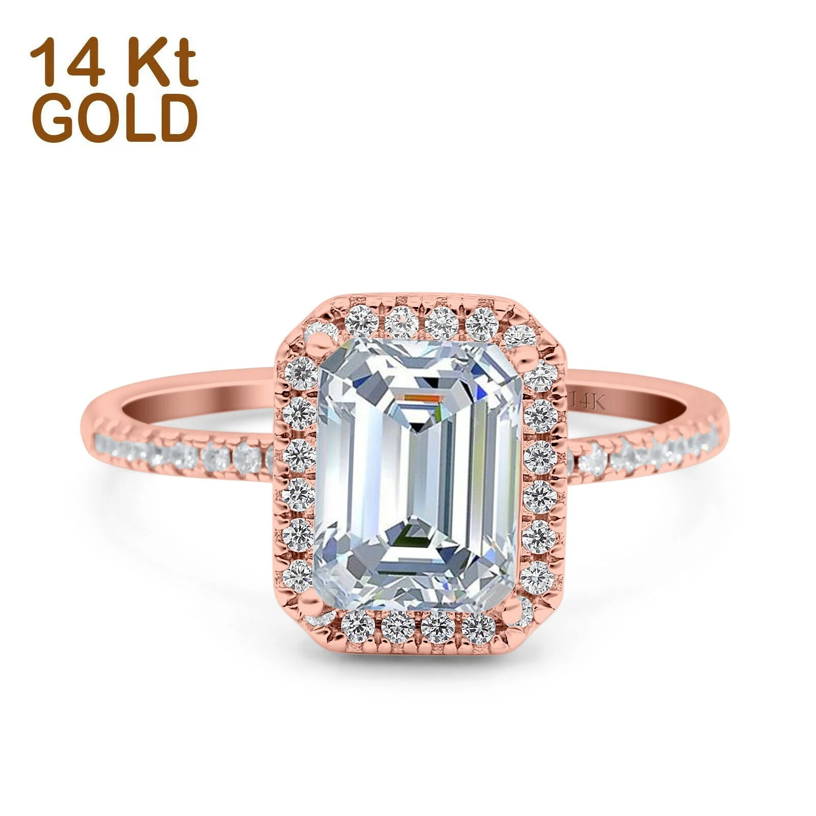Pre-owned Emerald 14k Rose Gold  Cut Art Deco Bridal Wedding Engagement Ring Simulated Cz In Pink