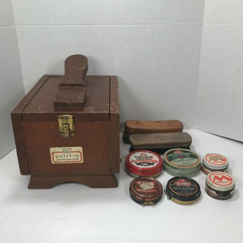 Vintage Mid Century Griffin Shinemaster Shoe Shine Dark Wood Stained Box W Acces