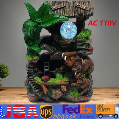 Tabletop Water Fountain Rockery Waterfall Resin Elephant Sculpture Decoration US