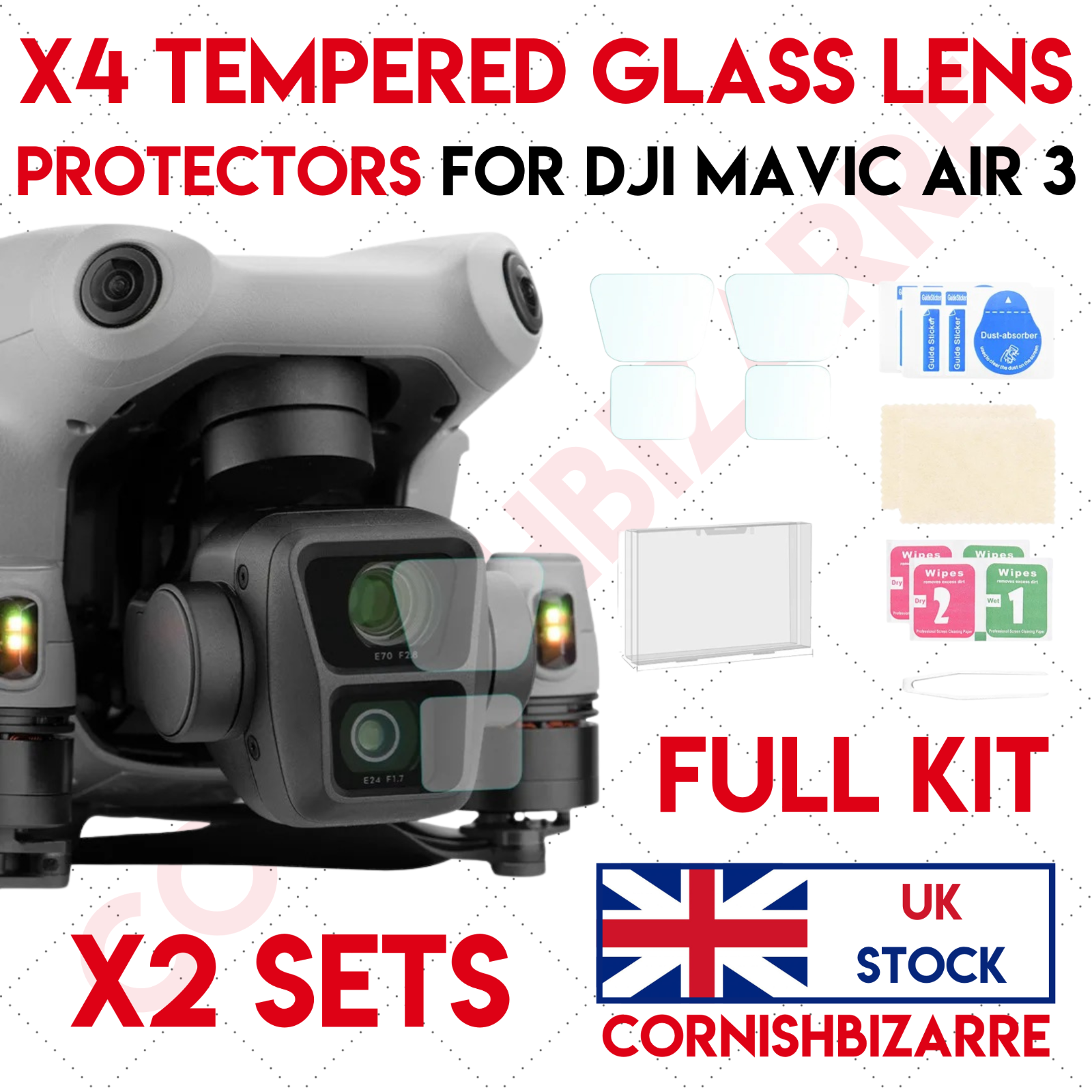 FOR DJI AIR 3 CAMERA LENS TEMPERED GLASS PROTECTOR 2 SETS + CLEANING KIT UK