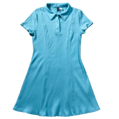Divided Womens Dress size Large Aqua Blue Ribbed Polo Top Princess Seams Stretch
