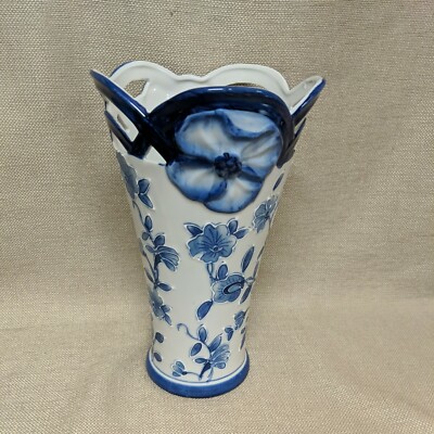 White w/ Embossed Blue Flowers Ceramic Cutout Vase