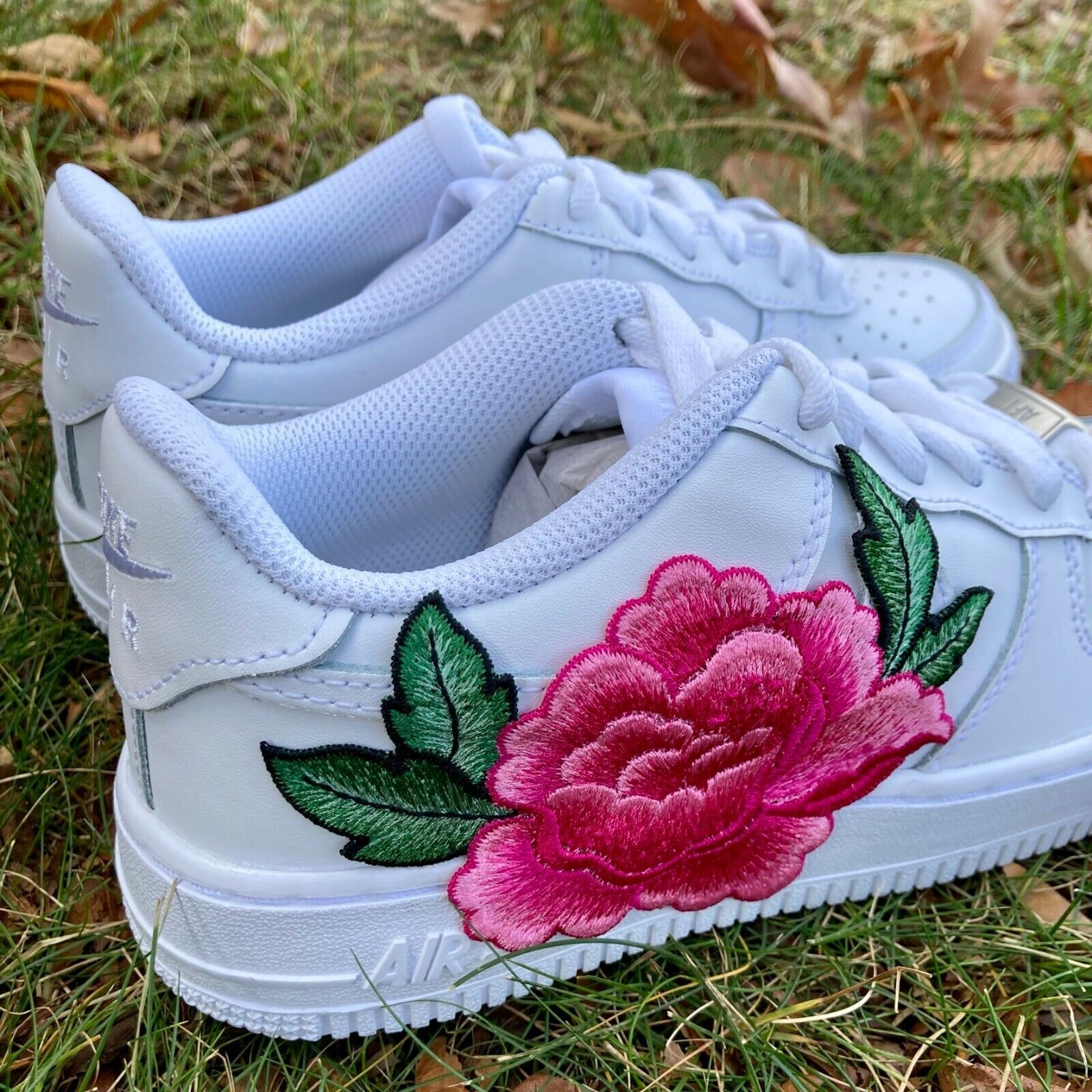 Pre-owned Nike Air Force 1 Low Custom White Shoes Pink Rose Embroidery Floral Mens Womens