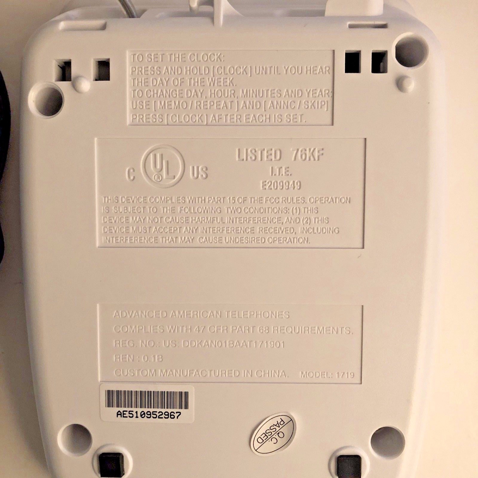 AT&T Digital Answering System 1719 Memory for Power Failures White New AB10M