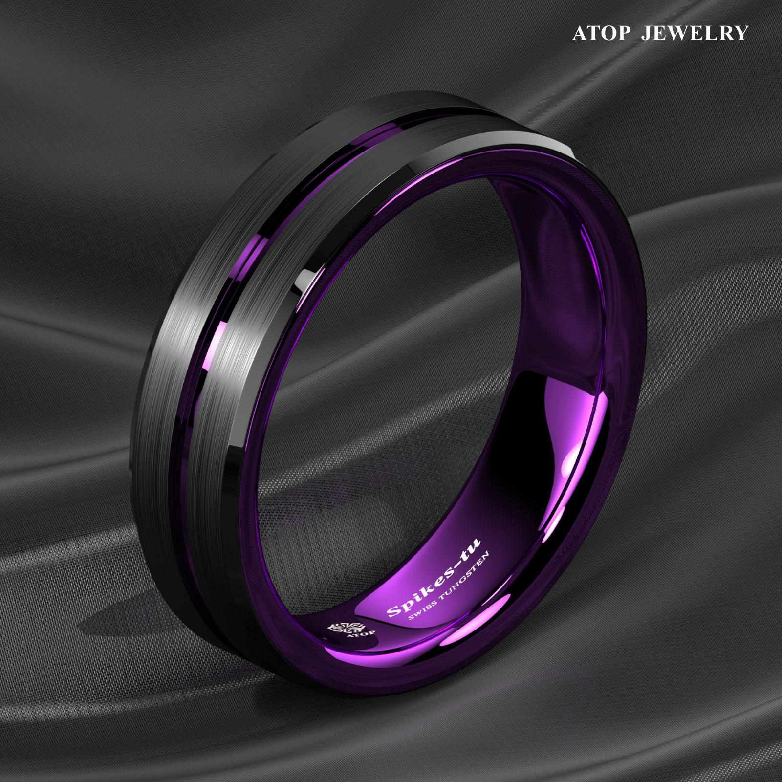 8/6mm Black Tungsten Carbide Thin Purple Line Wedding Band Ring ATOP Men Jewelry